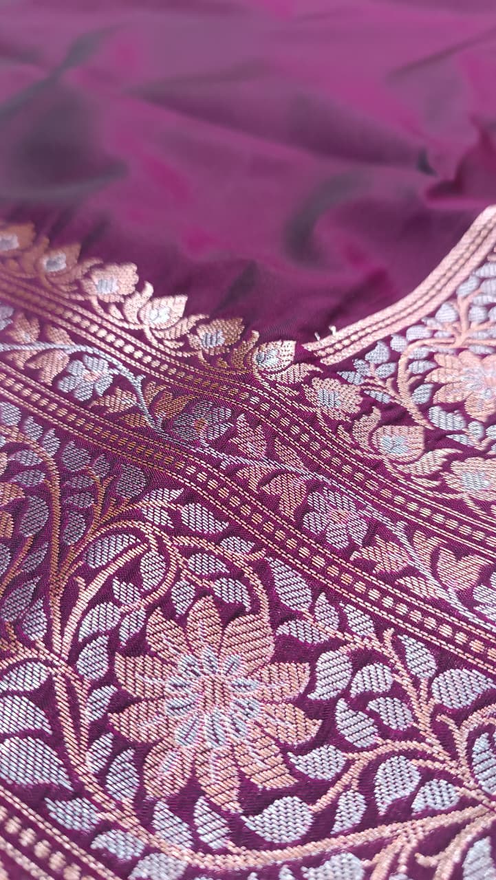Purple Banarasi Silk Saree | Golden Silver Zari with Heavy Blouse Work — Manglam Banaras