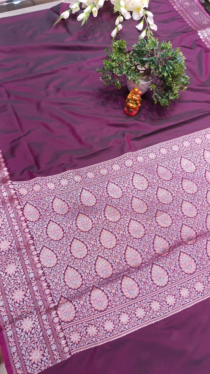 Purple Banarasi Silk Saree | Golden Silver Zari with Heavy Blouse Work — Manglam Banaras