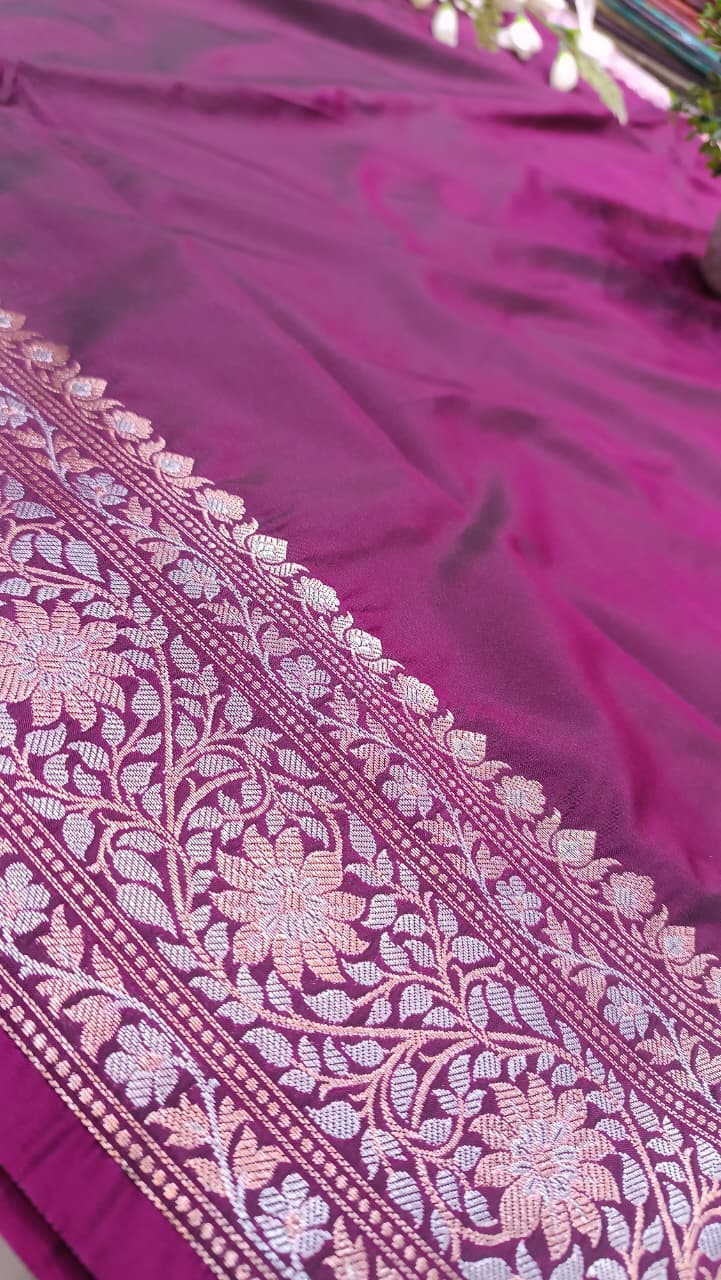 Purple Banarasi Silk Saree | Golden Silver Zari with Heavy Blouse Work — Manglam Banaras