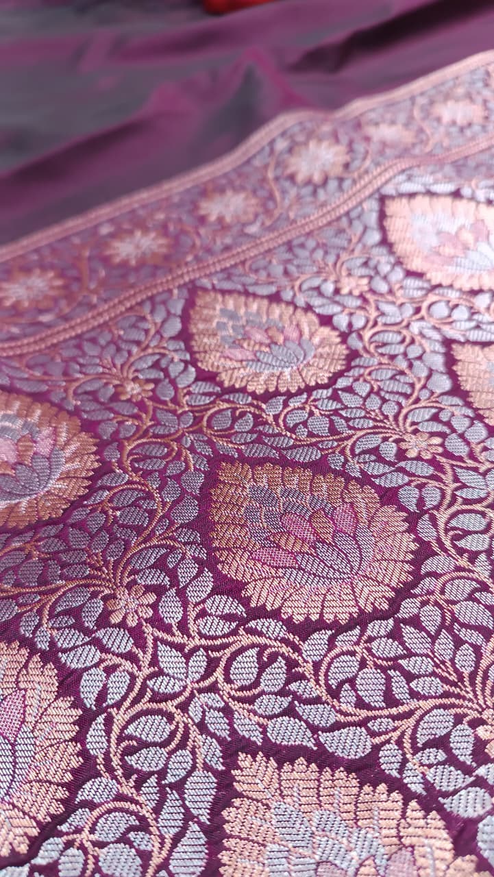 Purple Banarasi Silk Saree | Golden Silver Zari with Heavy Blouse Work — Manglam Banaras