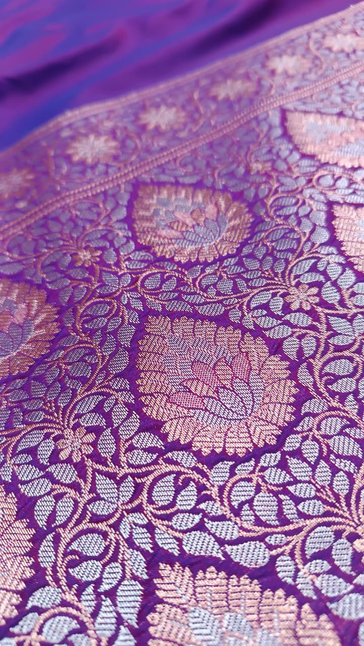 Violet Banarasi Silk Saree | Golden Silver Zari with Heavy Blouse Work — Manglam Banaras