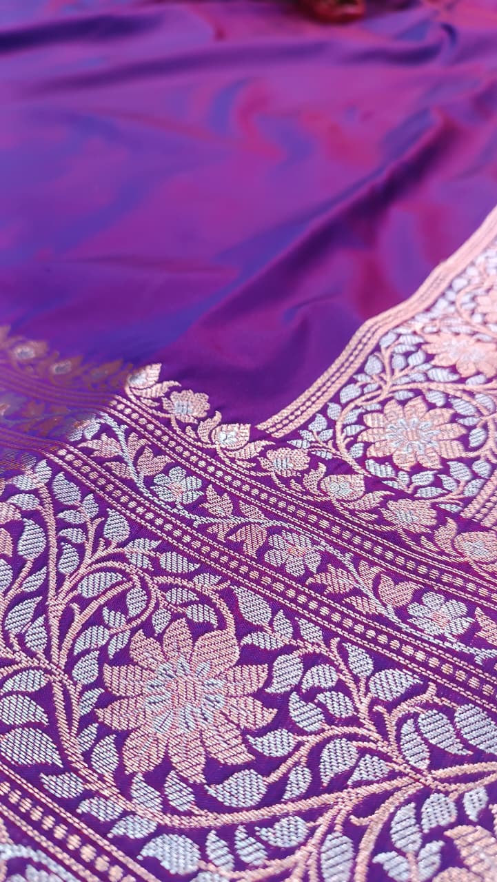 Violet Banarasi Silk Saree | Golden Silver Zari with Heavy Blouse Work — Manglam Banaras