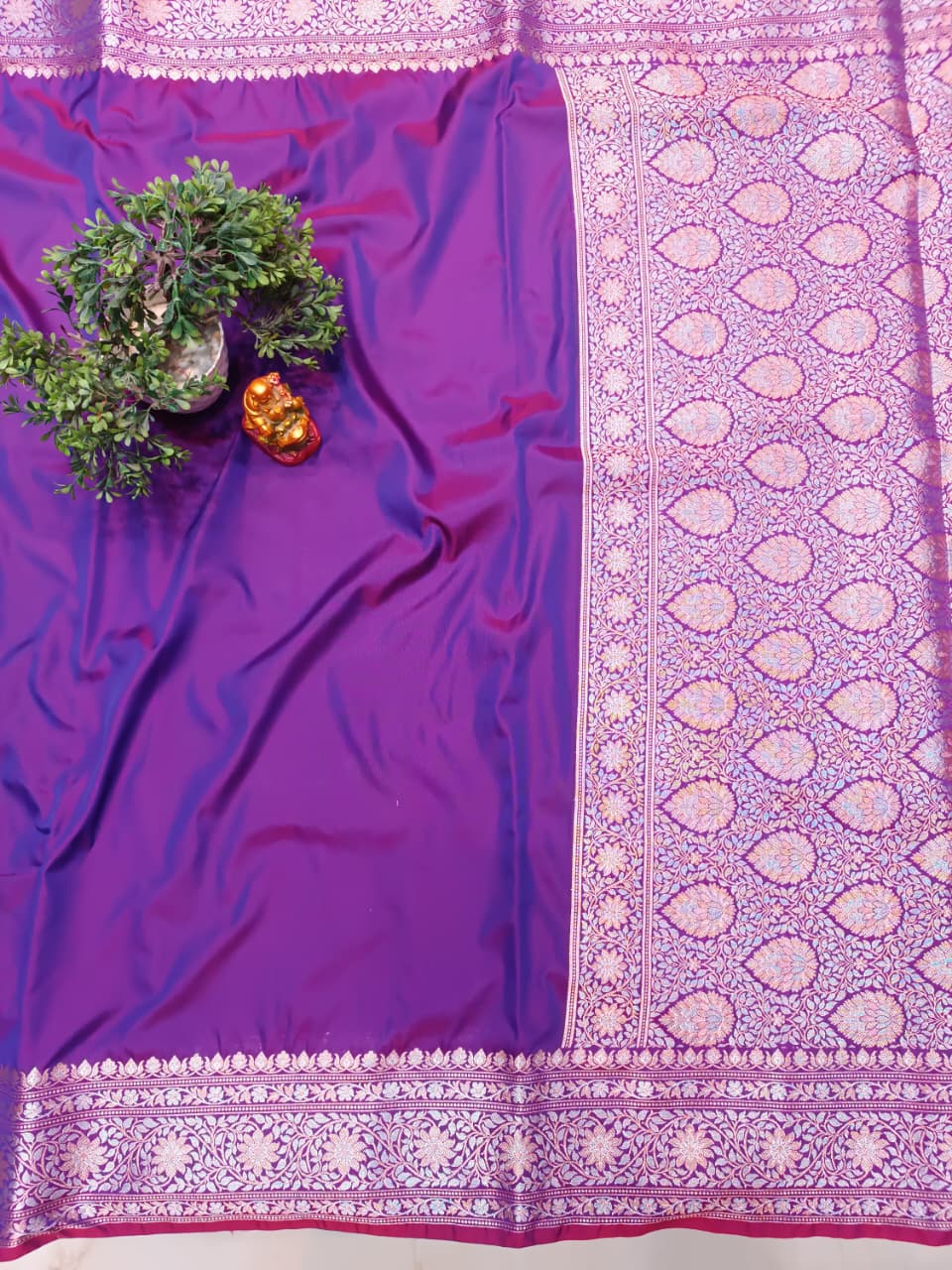 Violet Banarasi Silk Saree | Golden Silver Zari with Heavy Blouse Work — Manglam Banaras
