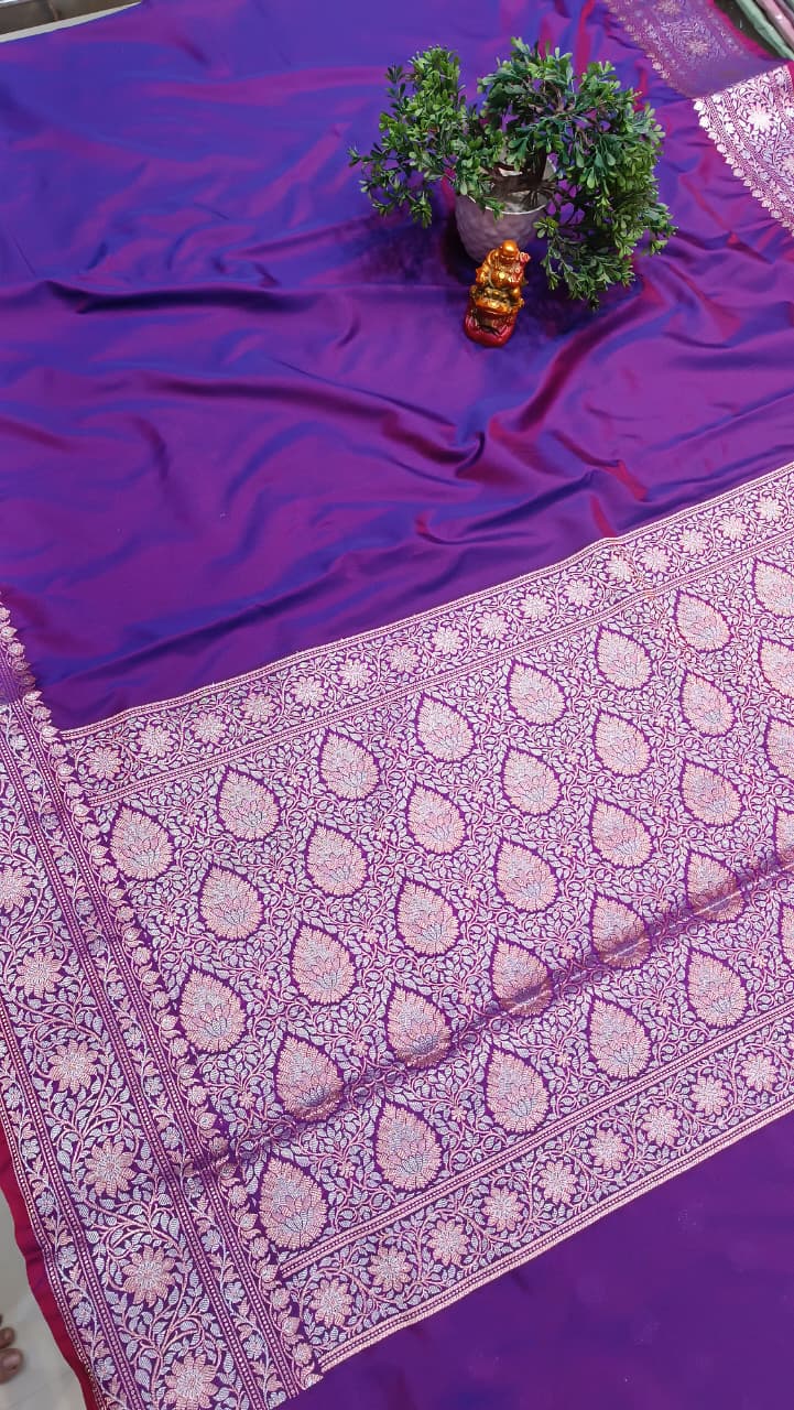 Violet Banarasi Silk Saree | Golden Silver Zari with Heavy Blouse Work — Manglam Banaras