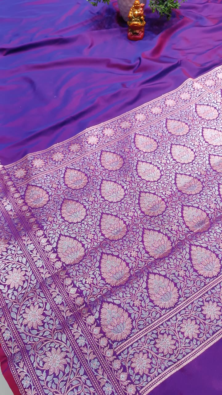 Violet Banarasi Silk Saree | Golden Silver Zari with Heavy Blouse Work — Manglam Banaras