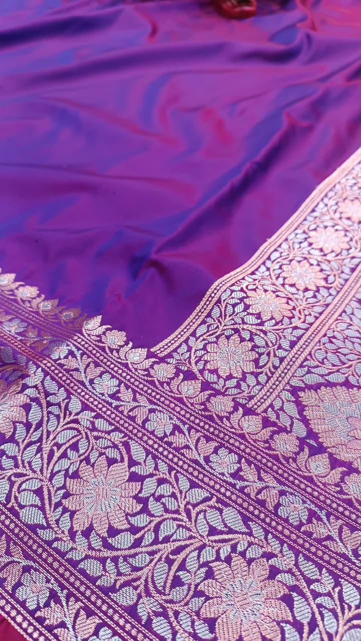 Violet Banarasi Silk Saree | Golden Silver Zari with Heavy Blouse Work — Manglam Banaras