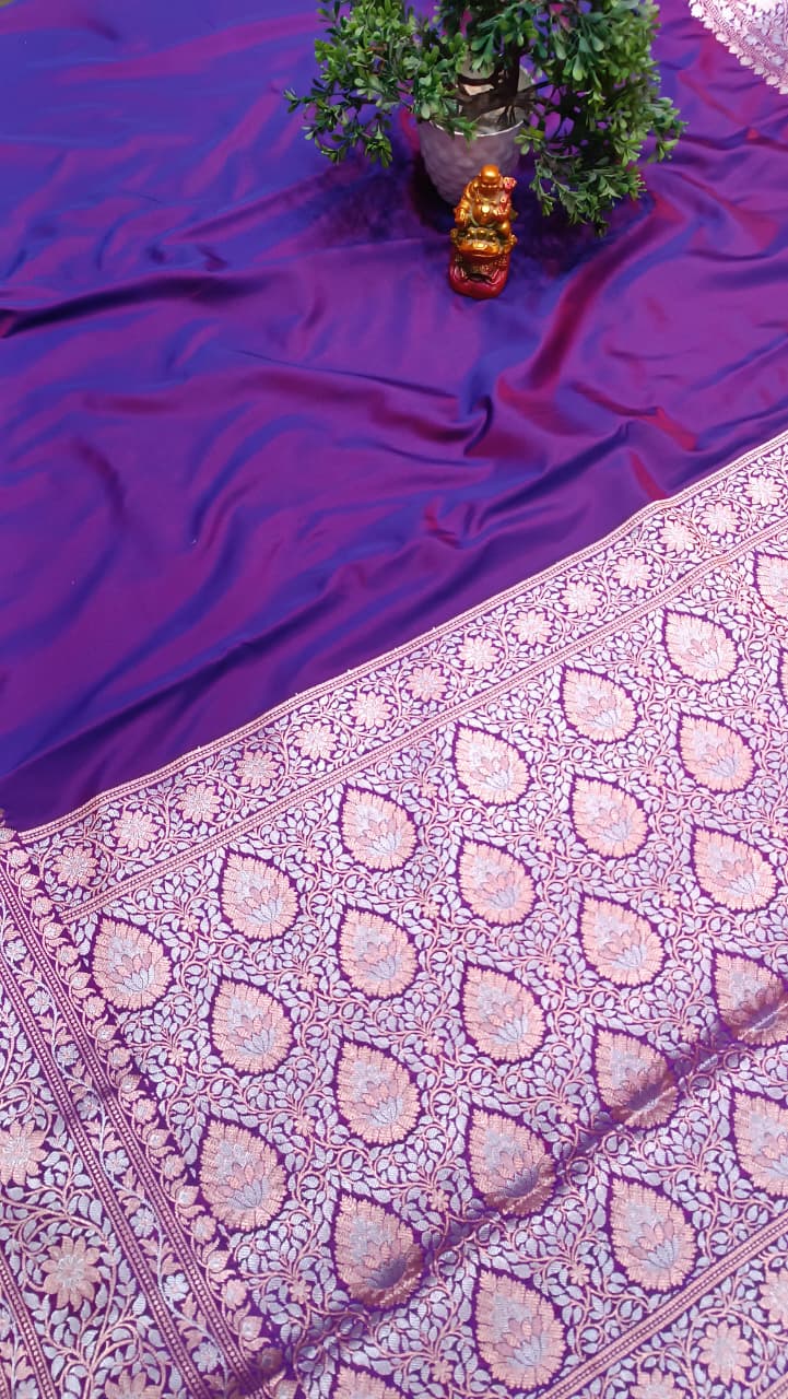 Violet Banarasi Silk Saree | Golden Silver Zari with Heavy Blouse Work — Manglam Banaras