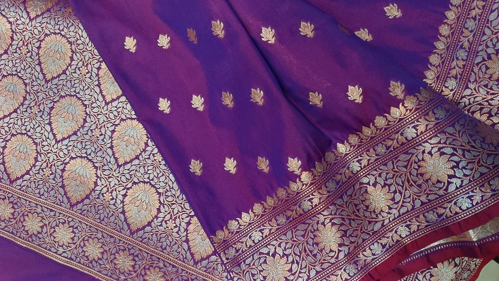 Violet Banarasi Silk Saree | Golden Silver Zari with Heavy Blouse Work — Manglam Banaras
