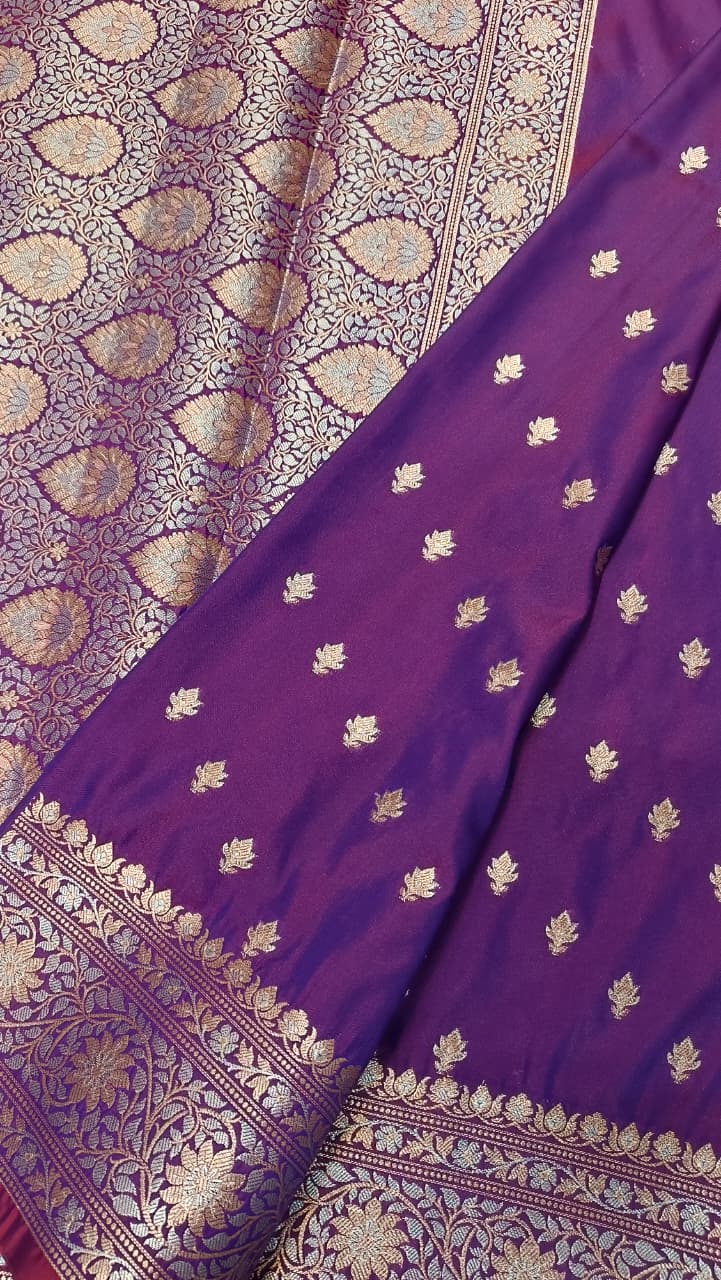 Violet Banarasi Silk Saree | Golden Silver Zari with Heavy Blouse Work — Manglam Banaras