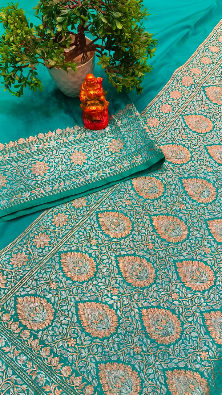Blue Banarasi Silk Saree | Golden Silver Zari with Heavy Blouse Work — Manglam Banaras