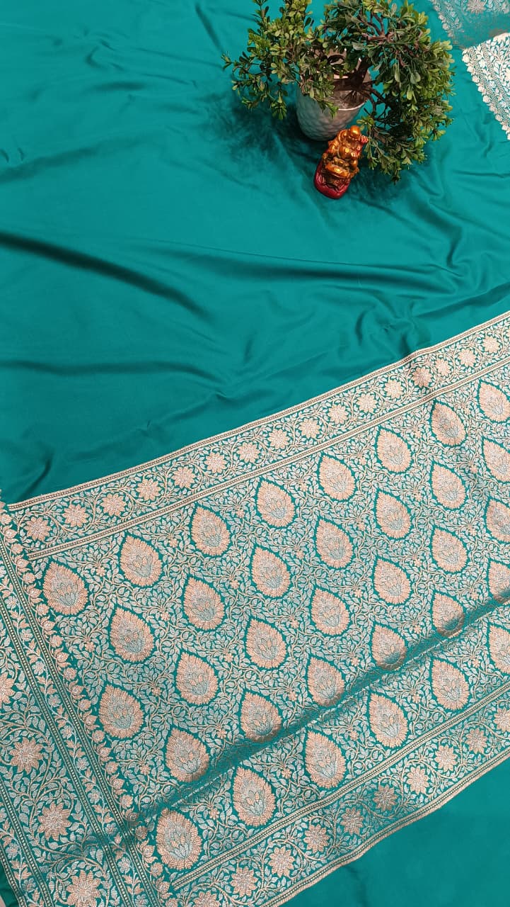 Blue Banarasi Silk Saree | Golden Silver Zari with Heavy Blouse Work — Manglam Banaras
