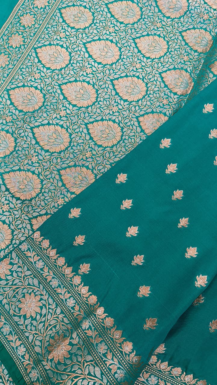 Blue Banarasi Silk Saree | Golden Silver Zari with Heavy Blouse Work — Manglam Banaras