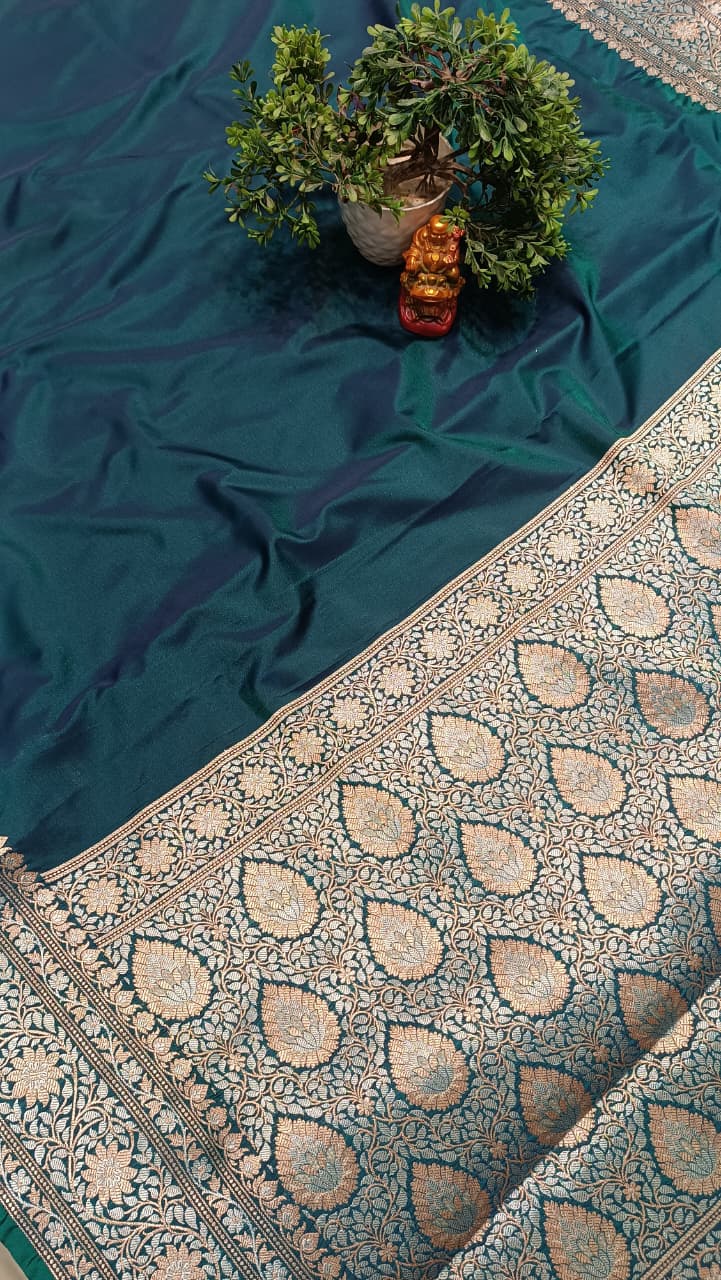 Dark Blue Banarasi Silk Saree | Golden Silver Zari with Heavy Blouse Work — Manglam Banaras