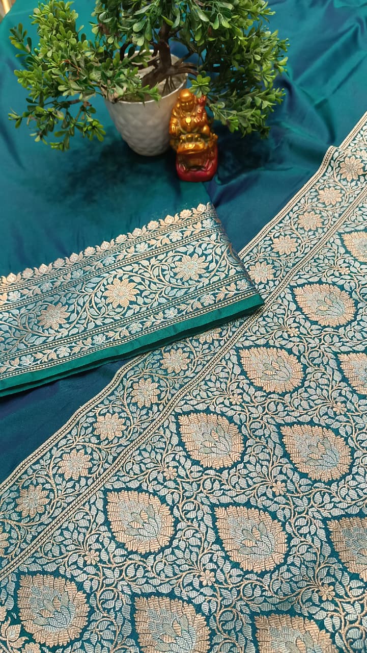 Dark Blue Banarasi Silk Saree | Golden Silver Zari with Heavy Blouse Work — Manglam Banaras
