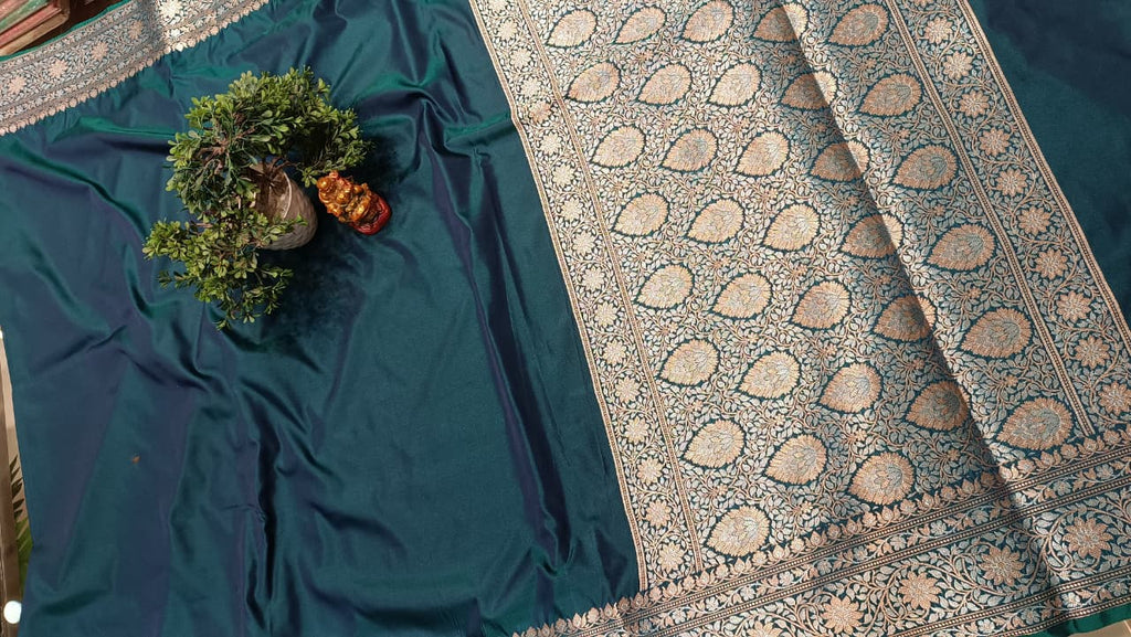 Dark Blue Banarasi Silk Saree | Golden Silver Zari with Heavy Blouse Work — Manglam Banaras