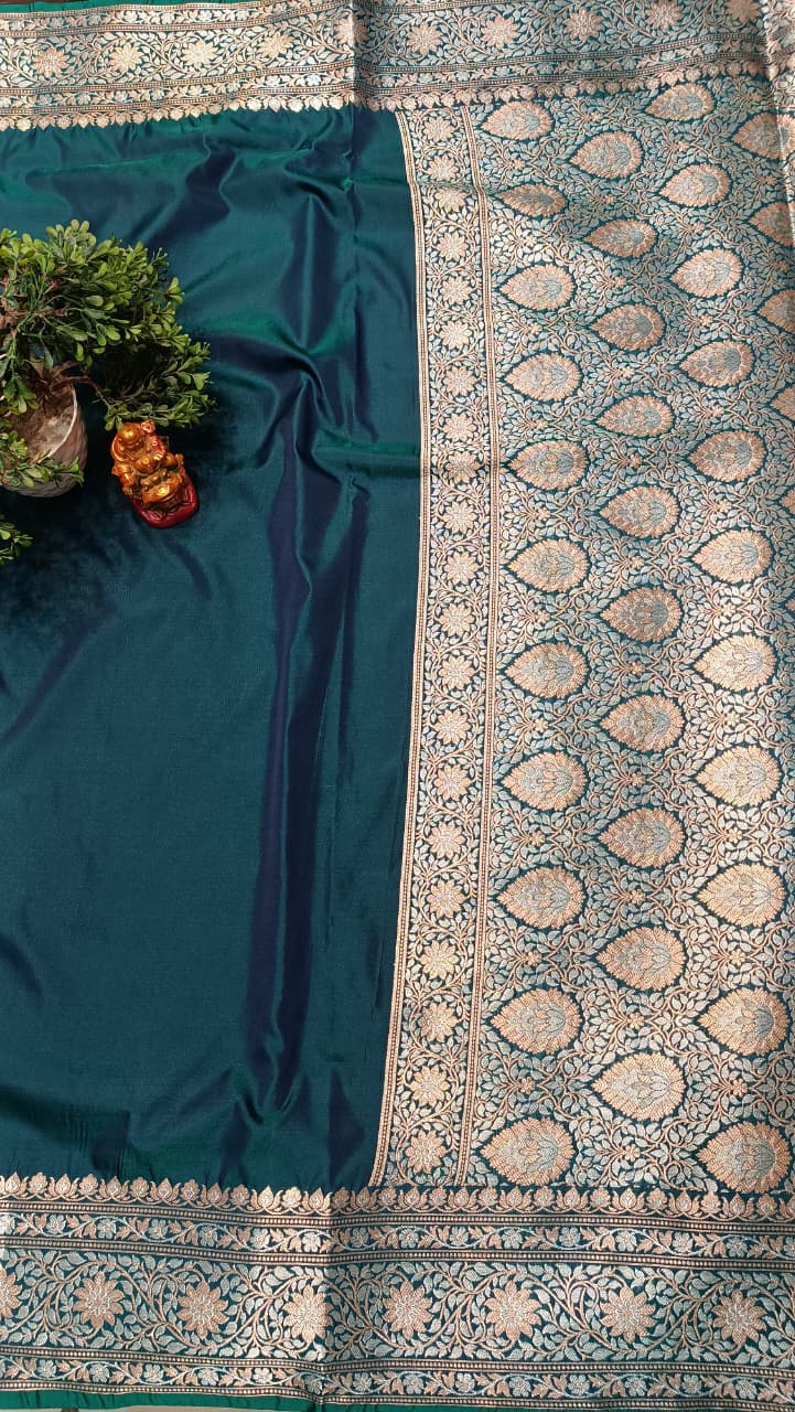 Dark Blue Banarasi Silk Saree | Golden Silver Zari with Heavy Blouse Work — Manglam Banaras