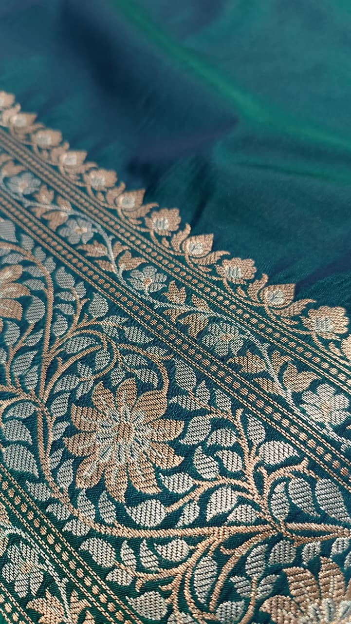 Dark Blue Banarasi Silk Saree | Golden Silver Zari with Heavy Blouse Work — Manglam Banaras