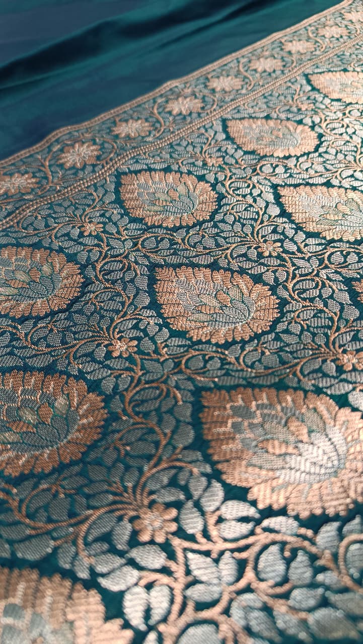 Dark Blue Banarasi Silk Saree | Golden Silver Zari with Heavy Blouse Work — Manglam Banaras