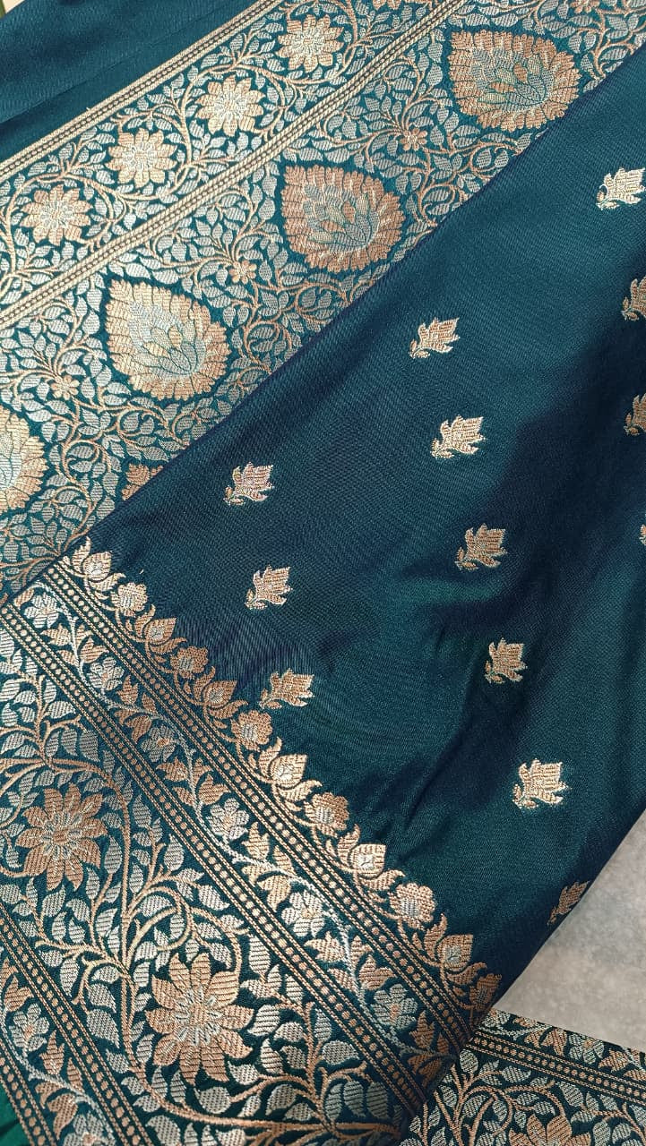 Dark Blue Banarasi Silk Saree | Golden Silver Zari with Heavy Blouse Work — Manglam Banaras