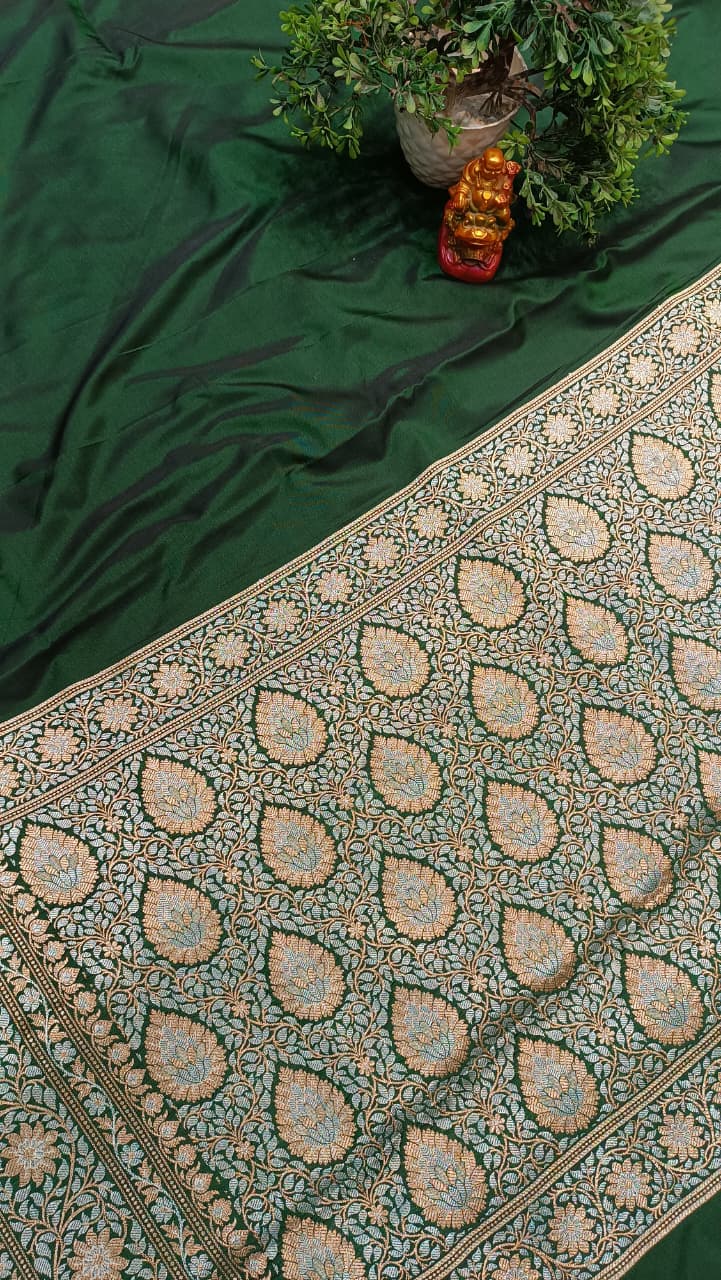 Green Banarasi Silk Saree | Golden Silver Zari with Heavy Blouse Work — Manglam Banaras