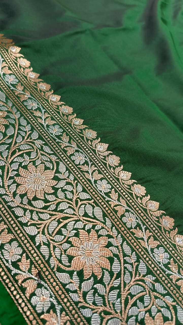 Green Banarasi Silk Saree | Golden Silver Zari with Heavy Blouse Work — Manglam Banaras