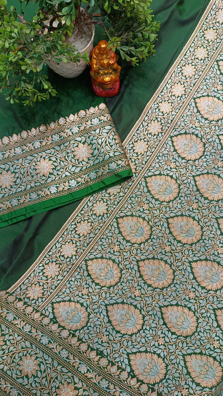 Green Banarasi Silk Saree | Golden Silver Zari with Heavy Blouse Work — Manglam Banaras