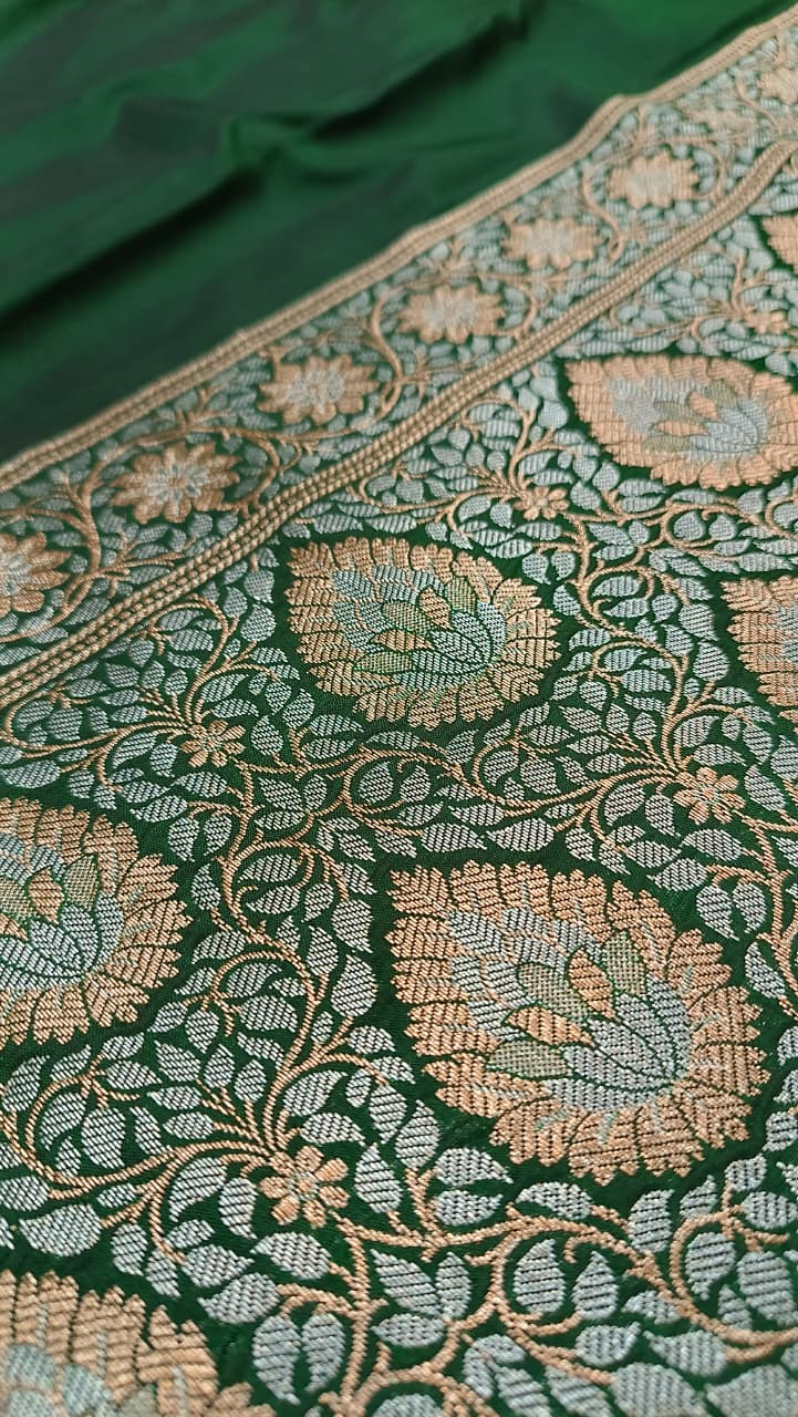 Green Banarasi Silk Saree | Golden Silver Zari with Heavy Blouse Work — Manglam Banaras