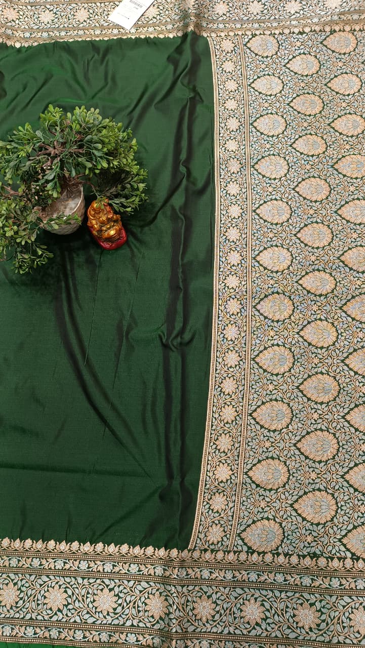Green Banarasi Silk Saree | Golden Silver Zari with Heavy Blouse Work — Manglam Banaras