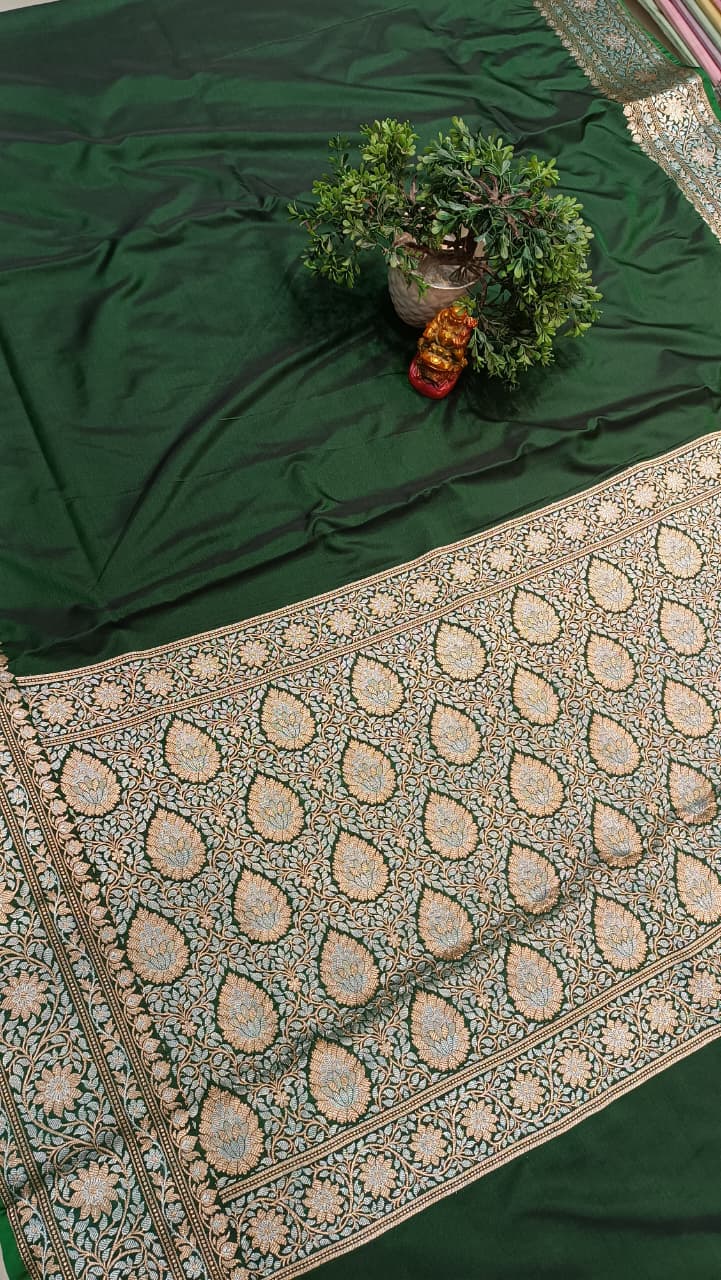 Green Banarasi Silk Saree | Golden Silver Zari with Heavy Blouse Work — Manglam Banaras