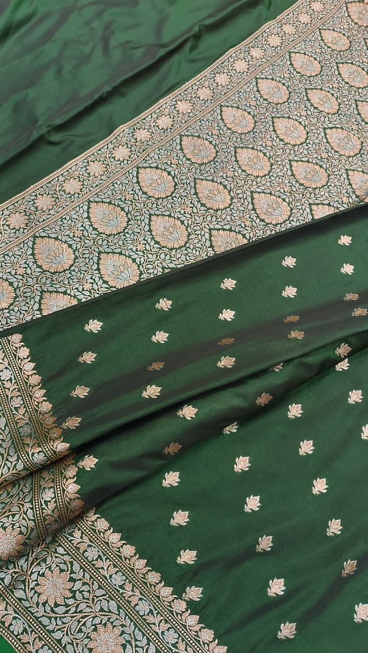 Green Banarasi Silk Saree | Golden Silver Zari with Heavy Blouse Work — Manglam Banaras