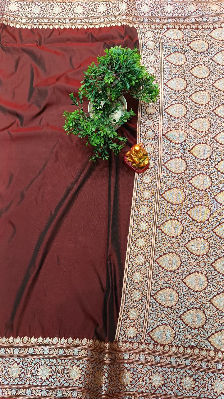 Crimsone wine Banarasi Silk Saree | Golden Silver Zari with Heavy Blouse Work — Manglam Banaras