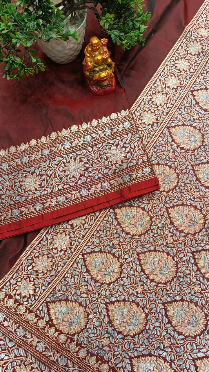 Crimsone wine Banarasi Silk Saree | Golden Silver Zari with Heavy Blouse Work — Manglam Banaras