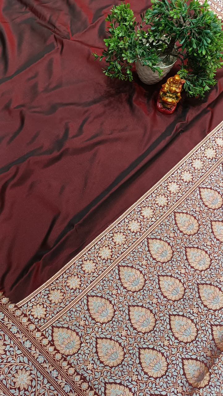 Crimsone wine Banarasi Silk Saree | Golden Silver Zari with Heavy Blouse Work — Manglam Banaras