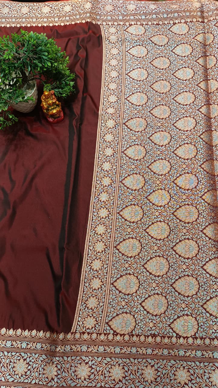 Crimsone wine Banarasi Silk Saree | Golden Silver Zari with Heavy Blouse Work — Manglam Banaras