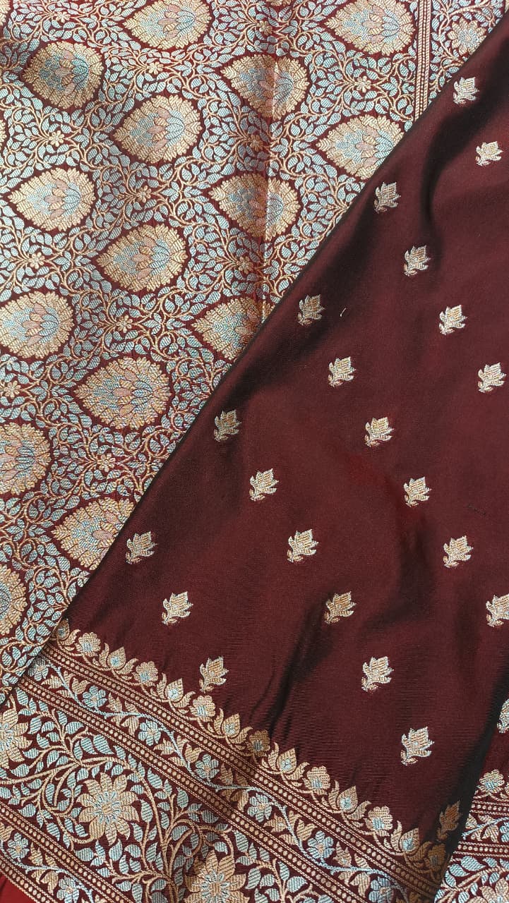 Crimsone wine Banarasi Silk Saree | Golden Silver Zari with Heavy Blouse Work — Manglam Banaras