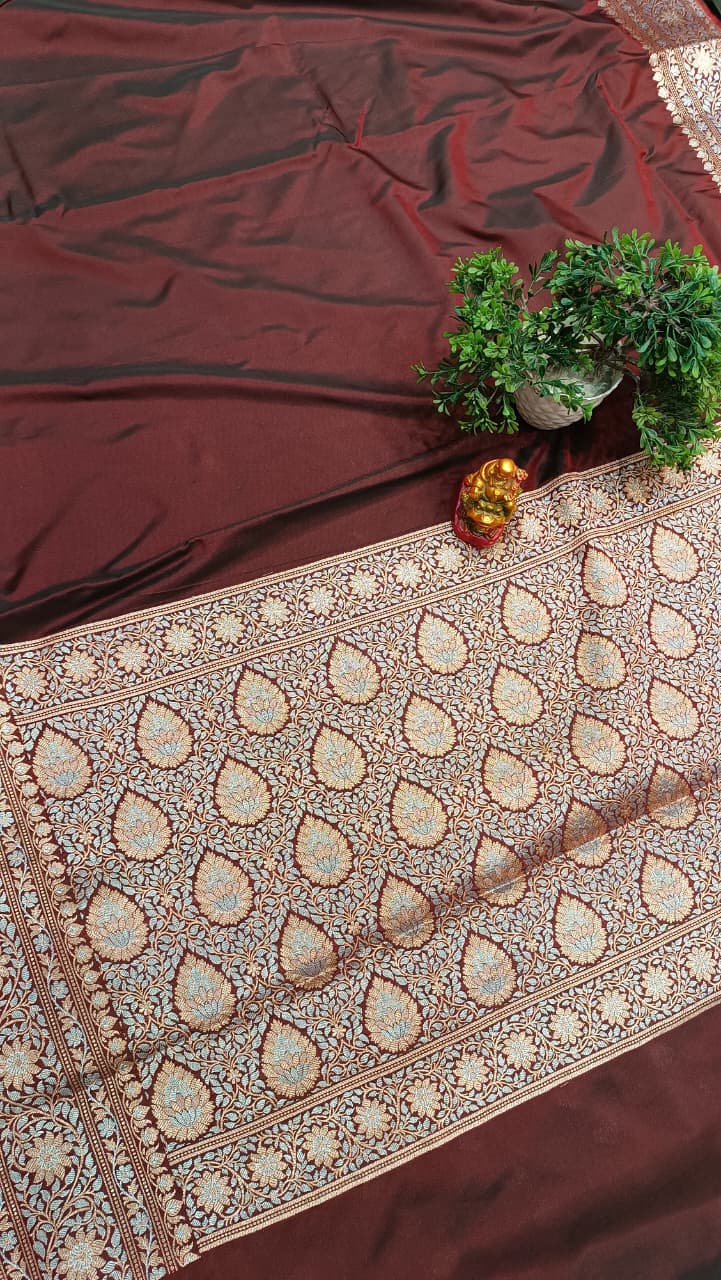Crimsone wine Banarasi Silk Saree | Golden Silver Zari with Heavy Blouse Work — Manglam Banaras