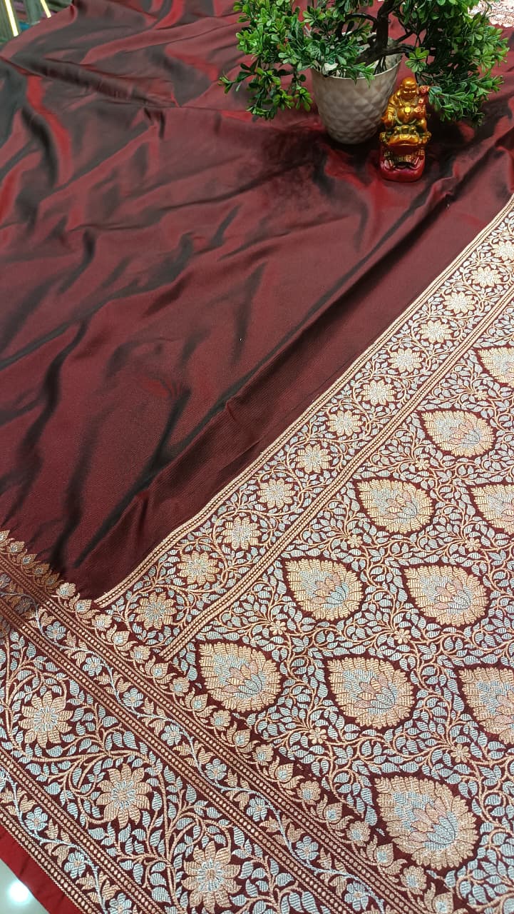 Crimsone wine Banarasi Silk Saree | Golden Silver Zari with Heavy Blouse Work — Manglam Banaras