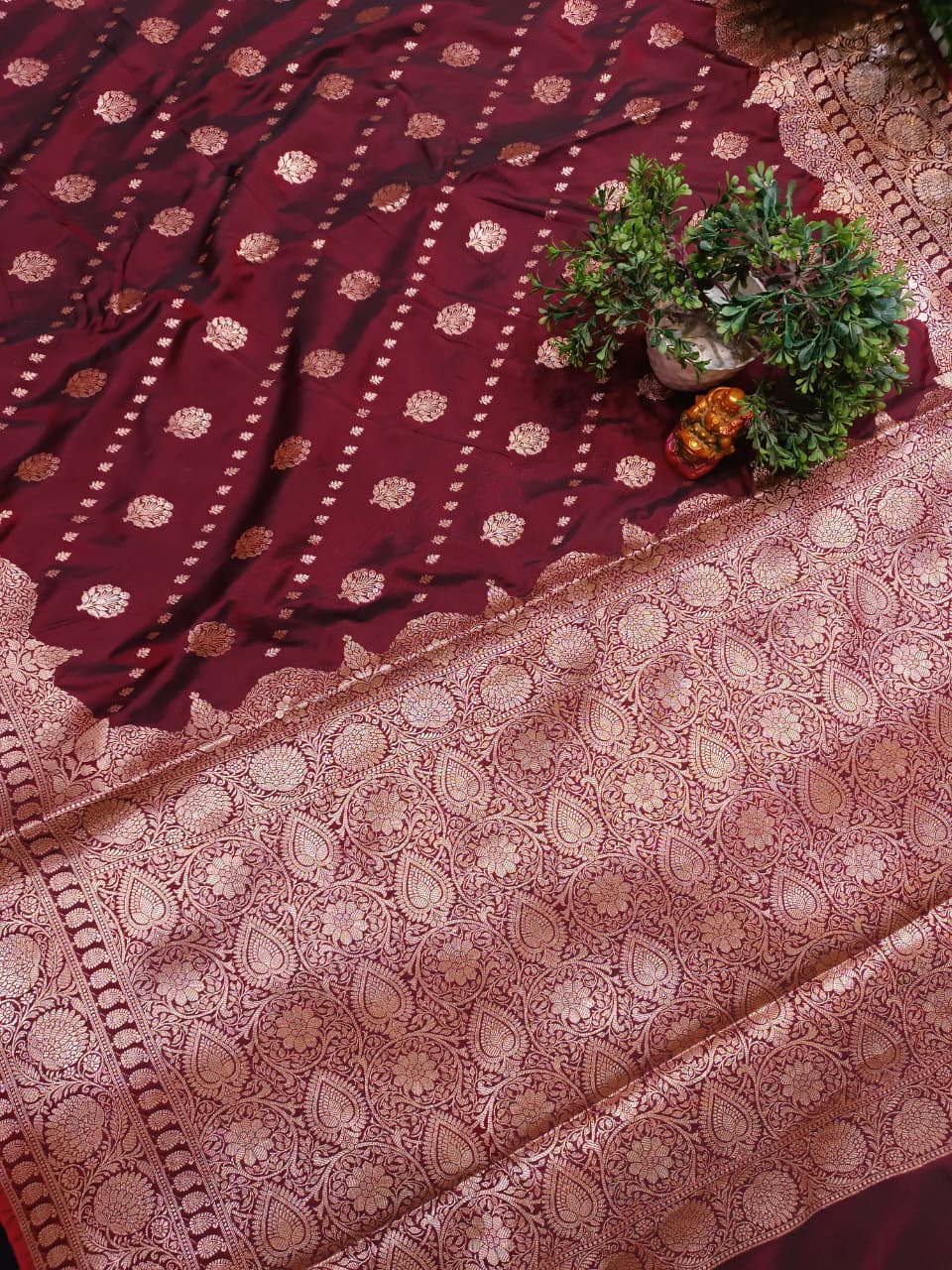Wine Banarasi Katan Silk Saree with Golden Zari Heavy Aanchal