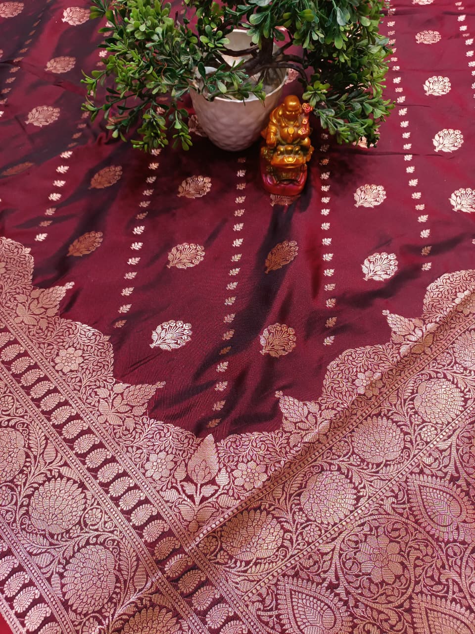 Wine Banarasi Katan Silk Saree with Golden Zari Heavy Aanchal