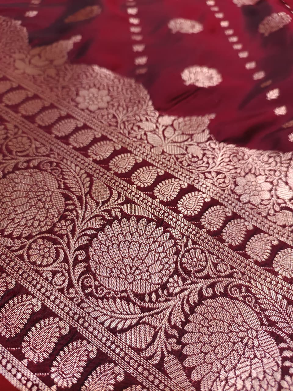 Wine Banarasi Katan Silk Saree with Golden Zari Heavy Aanchal