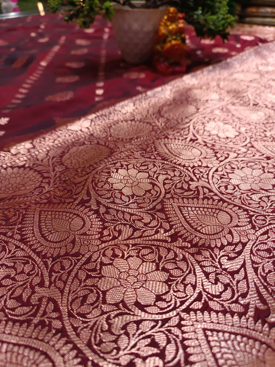 Wine Banarasi Katan Silk Saree with Golden Zari Heavy Aanchal