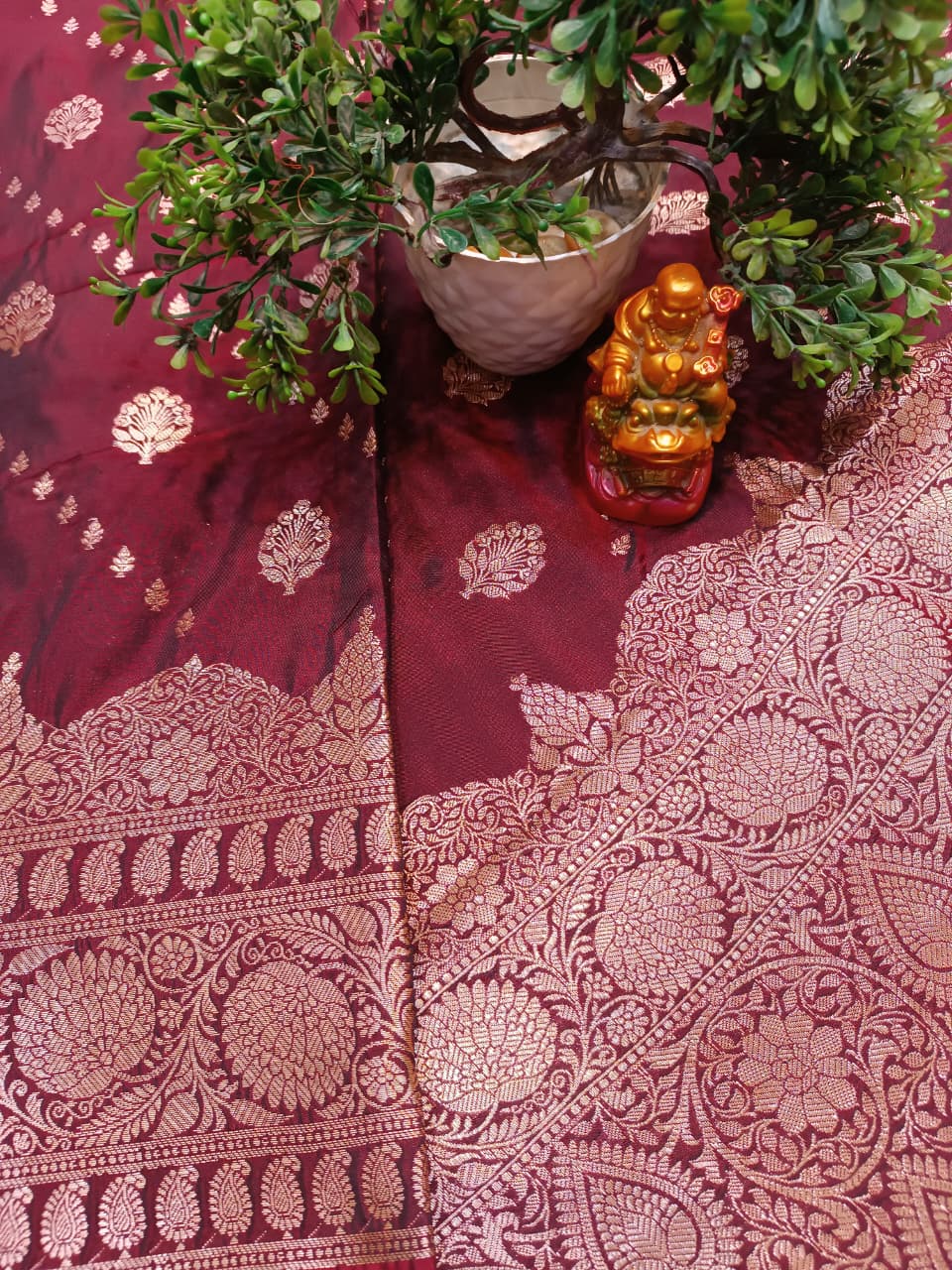 Wine Banarasi Katan Silk Saree with Golden Zari Heavy Aanchal