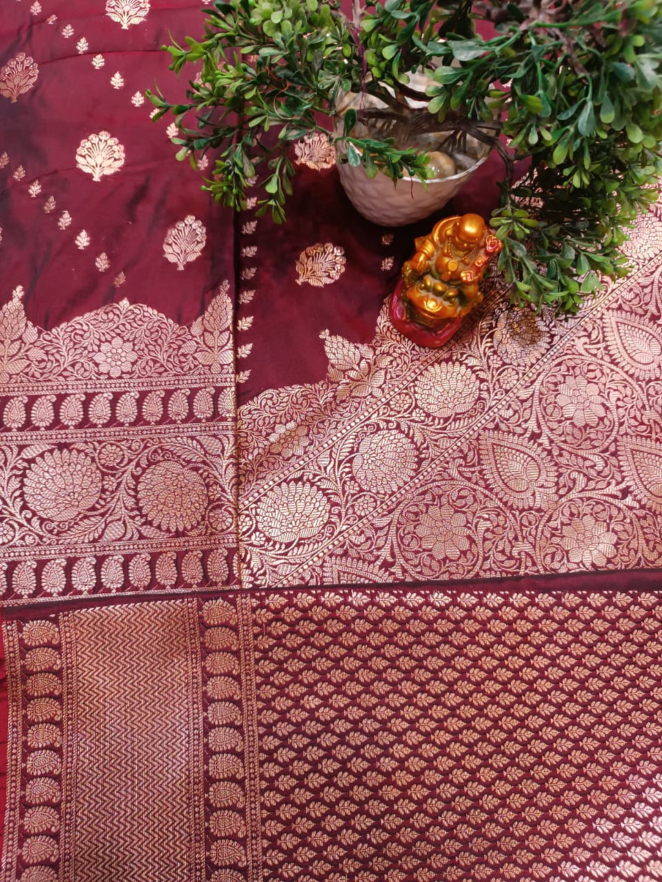 Wine Banarasi Katan Silk Saree with Golden Zari Heavy Aanchal