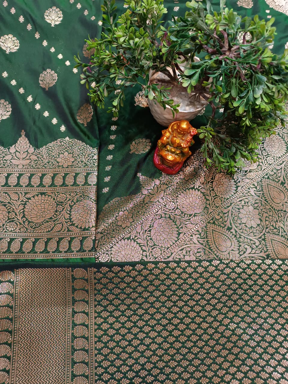 Emerald Green Banarasi Katan Silk Saree with Silver Zari Heavy Aanchal