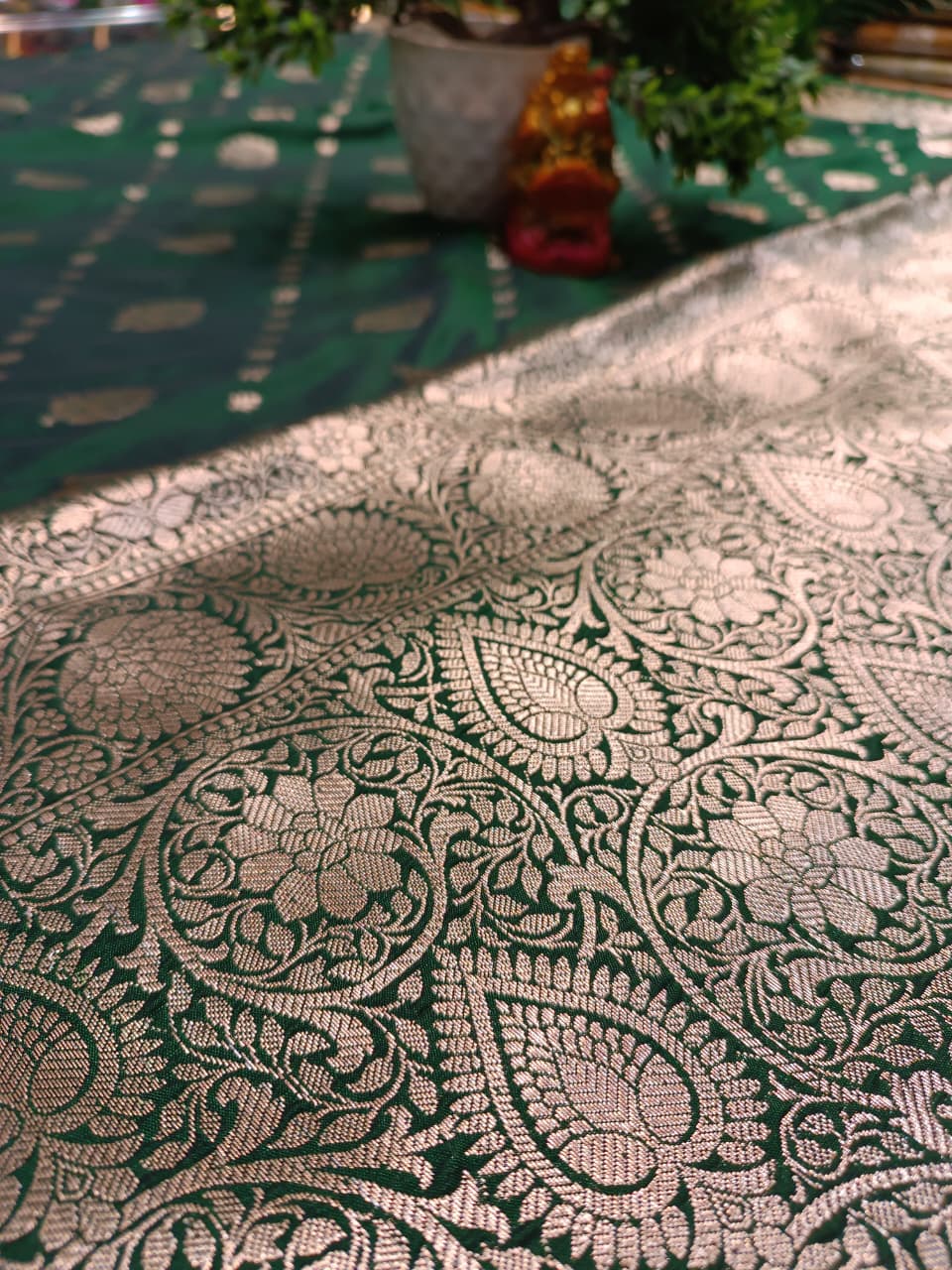 Emerald Green Banarasi Katan Silk Saree with Silver Zari Heavy Aanchal