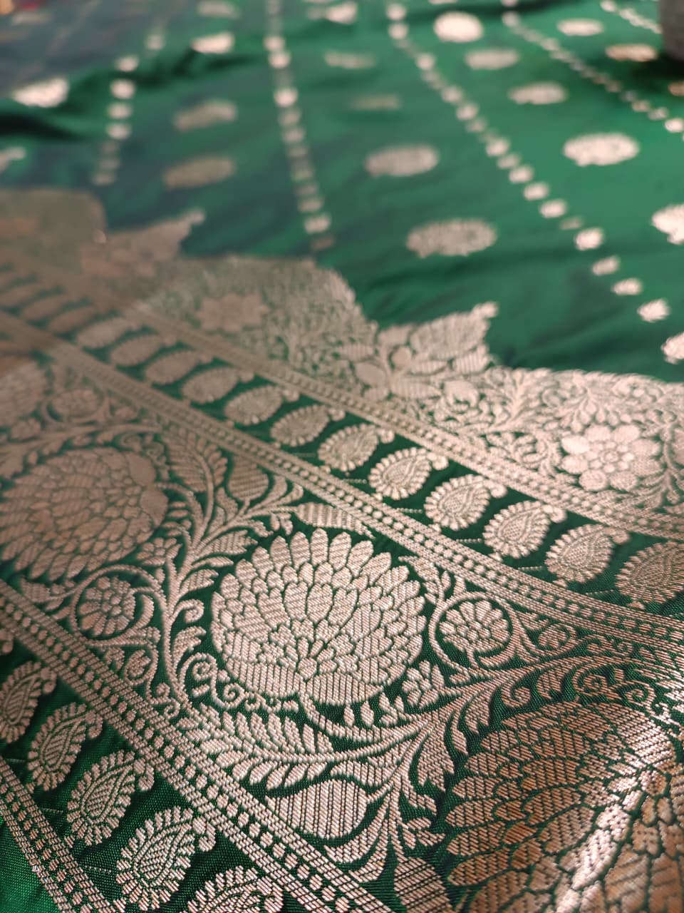 Emerald Green Banarasi Katan Silk Saree with Silver Zari Heavy Aanchal