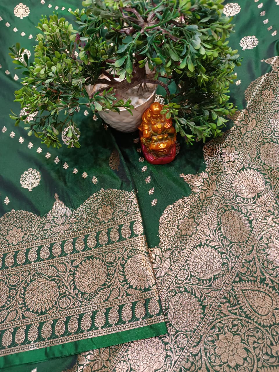 Emerald Green Banarasi Katan Silk Saree with Silver Zari Heavy Aanchal