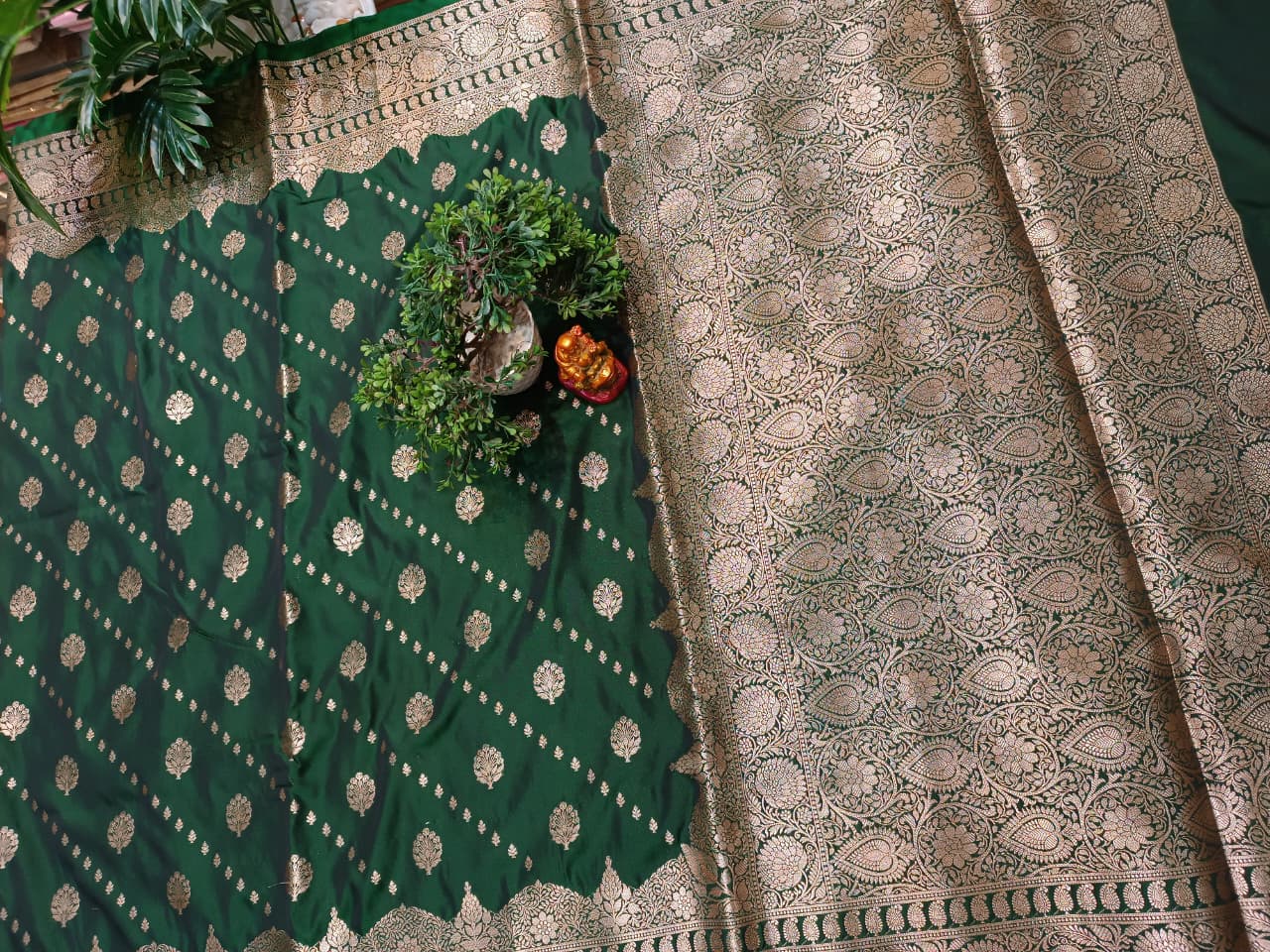Emerald Green Banarasi Katan Silk Saree with Silver Zari Heavy Aanchal