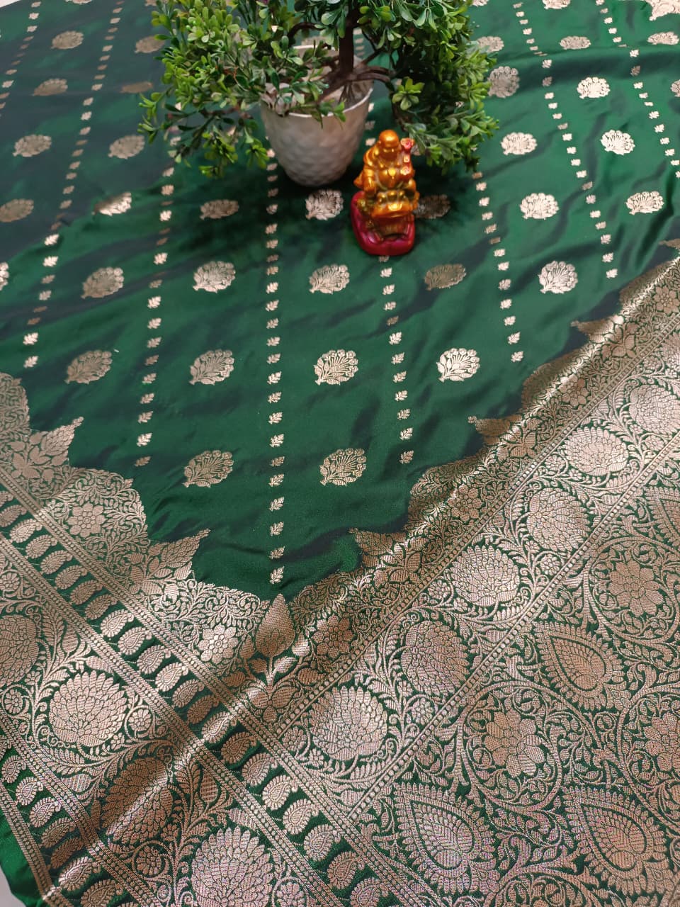 Emerald Green Banarasi Katan Silk Saree with Silver Zari Heavy Aanchal