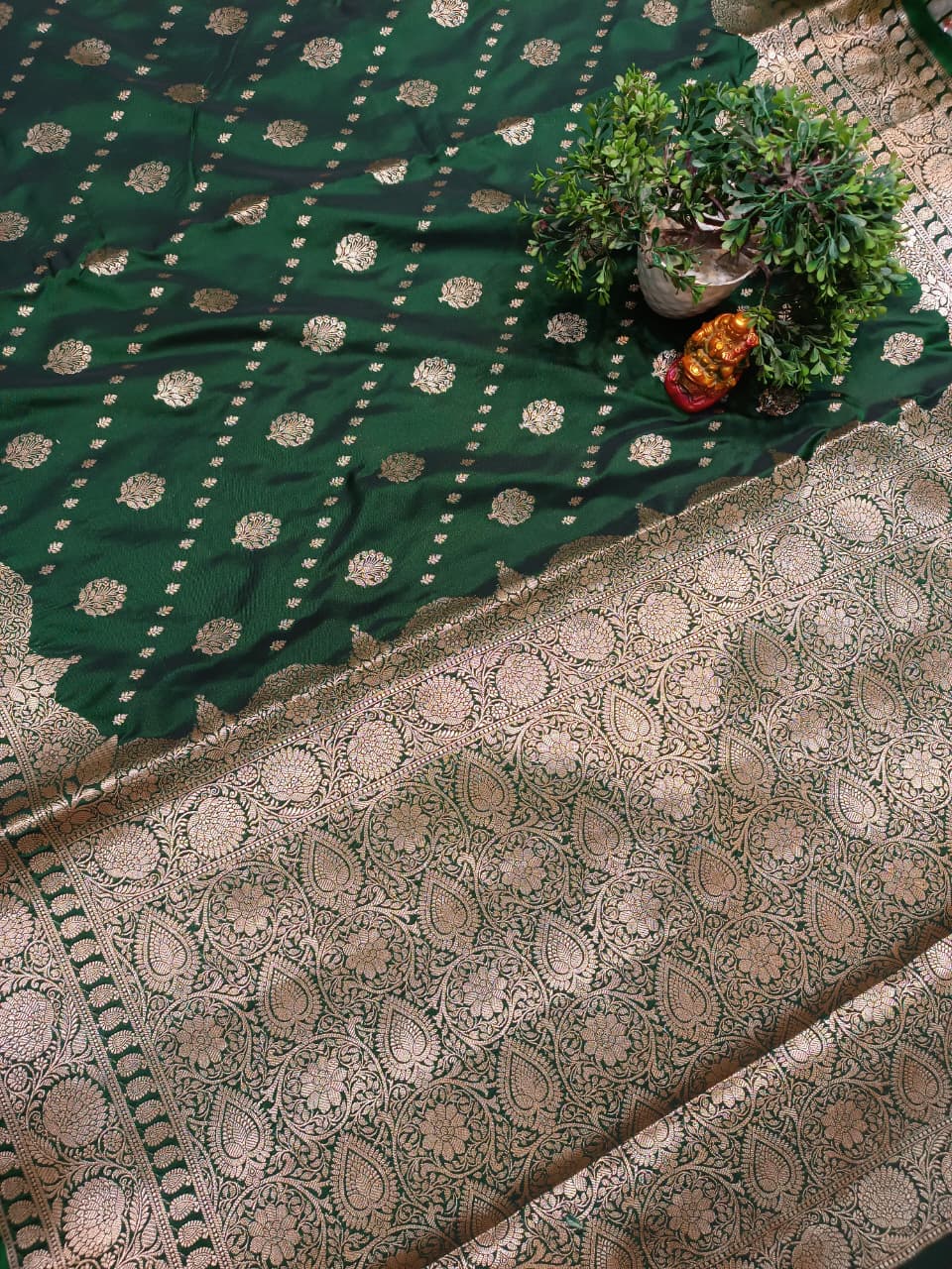 Emerald Green Banarasi Katan Silk Saree with Silver Zari Heavy Aanchal